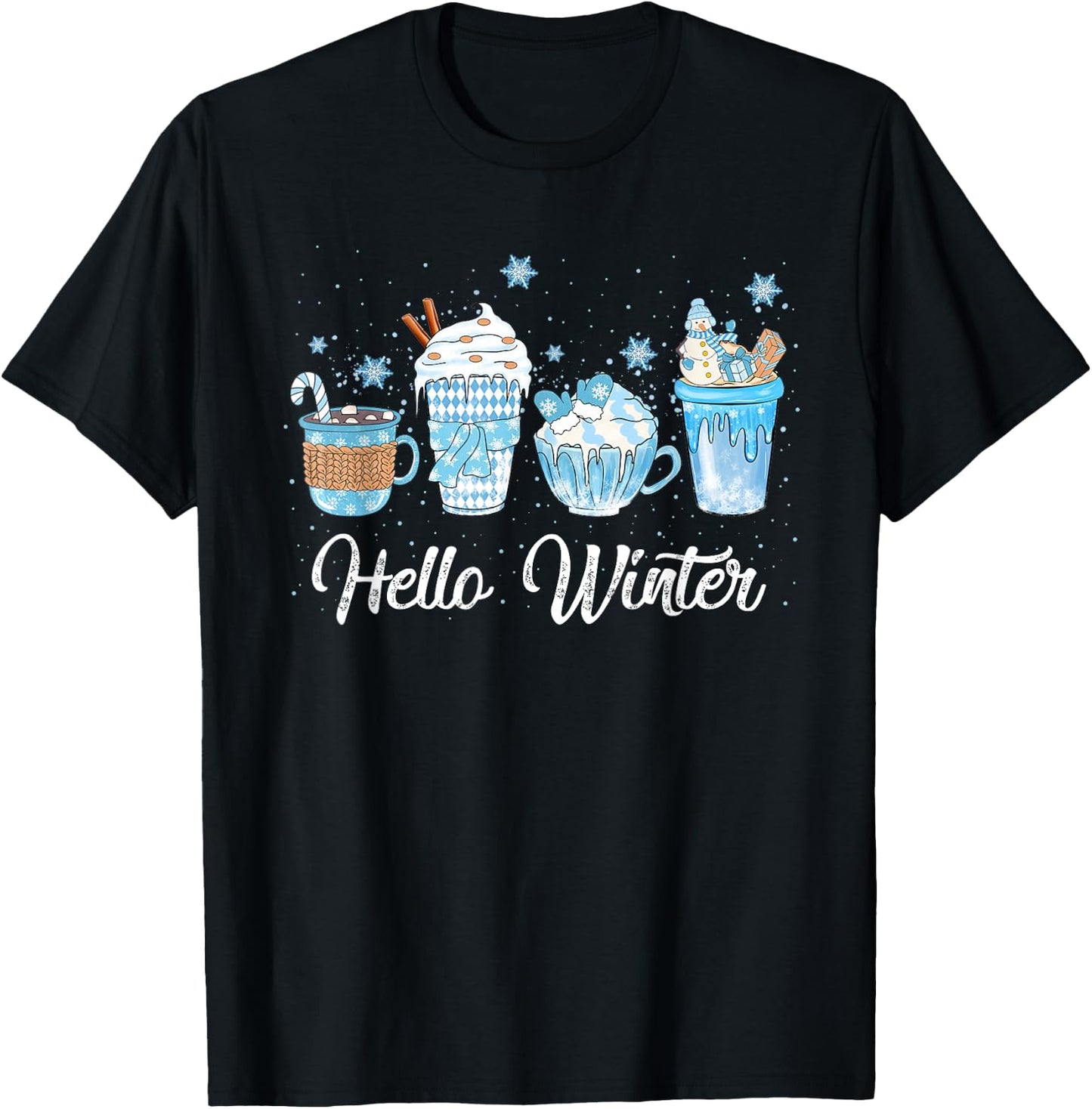 Hello Winter Sweet Cozy Coffee Lovers Snowman Christmas T-Shirt - T-Shirt | Black