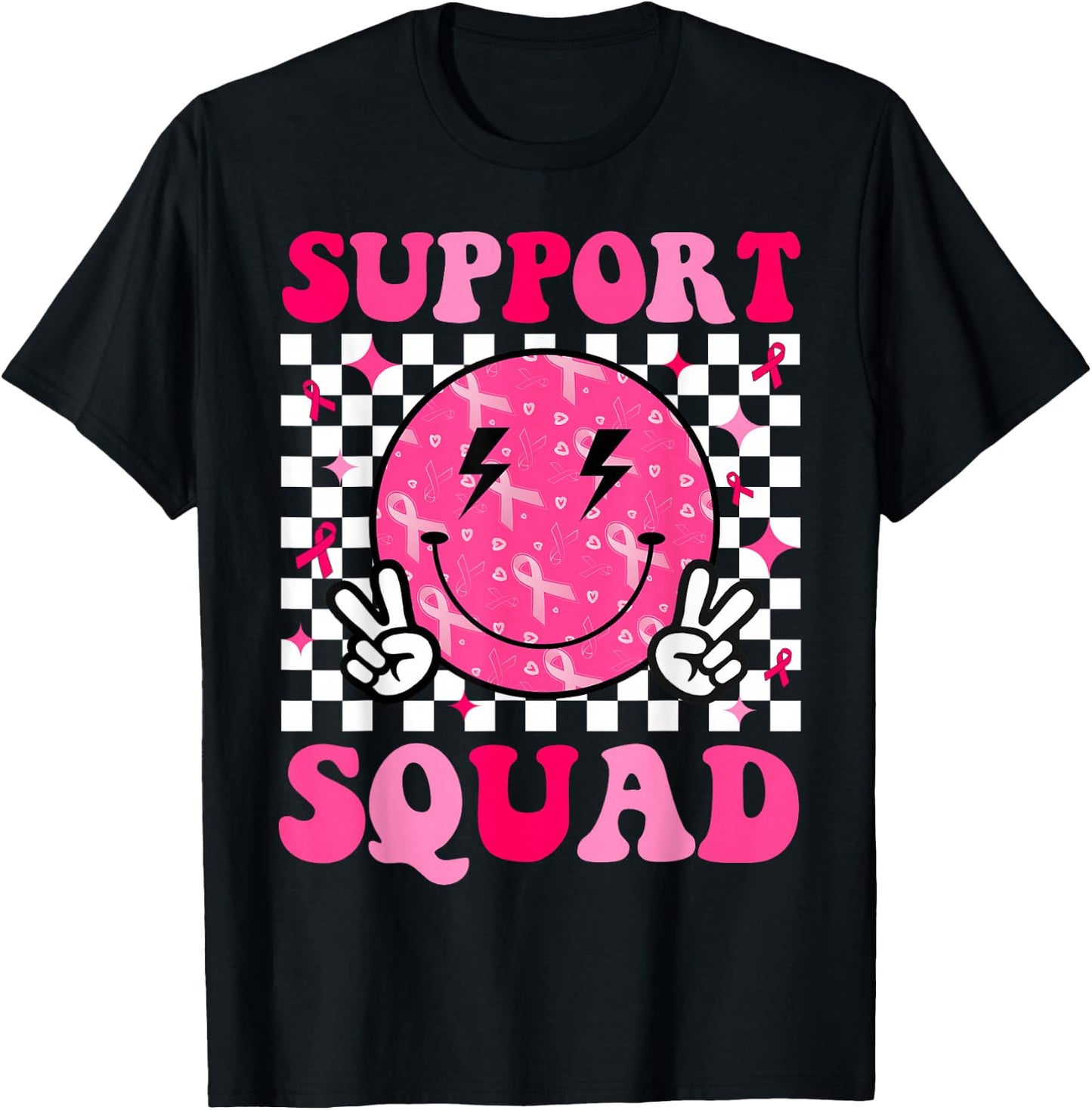 Support Squad Breast Cancer Awareness Pink Ribbon Smile Face T-Shirt - T-Shirt | Black