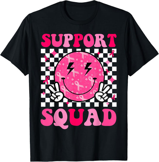 Support Squad Breast Cancer Awareness Pink Ribbon Smile Face T-Shirt - T-Shirt | Black