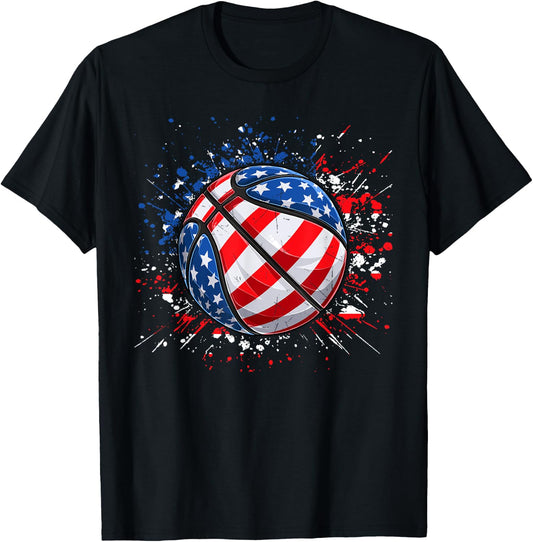 Basketball American Flag 4th Of July Men Boys Basketball T-Shirt - T-Shirt | Black
