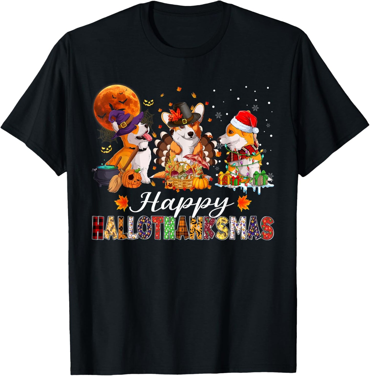 Corgi Dogs Halloween Thanksgiving Christmas Hallothanksmas T-Shirt - T-Shirt | Black