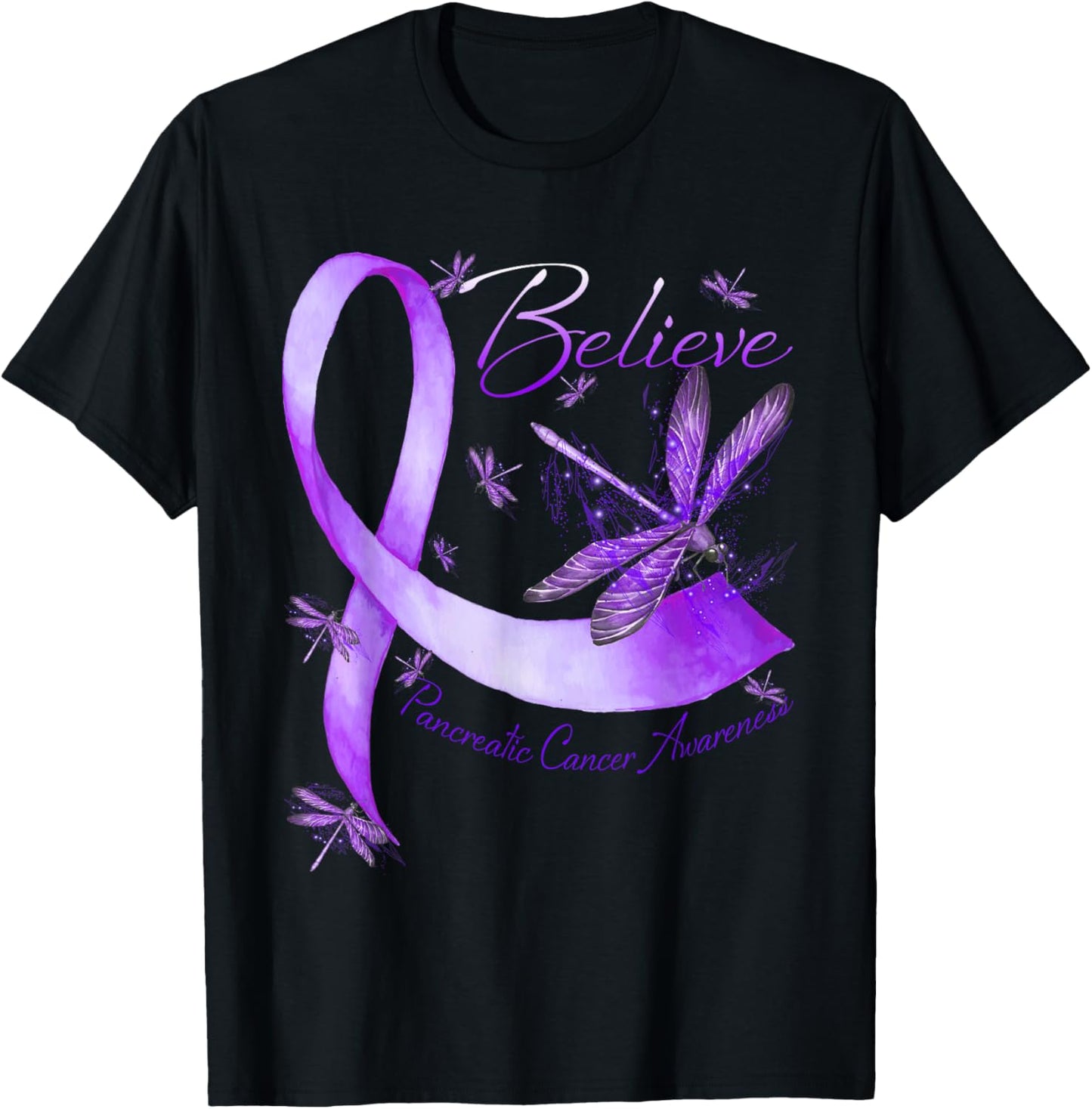 Believe Pancreatic Cancer Awareness Dragonfly Purple Ribbon T-Shirt - T-Shirt | Black