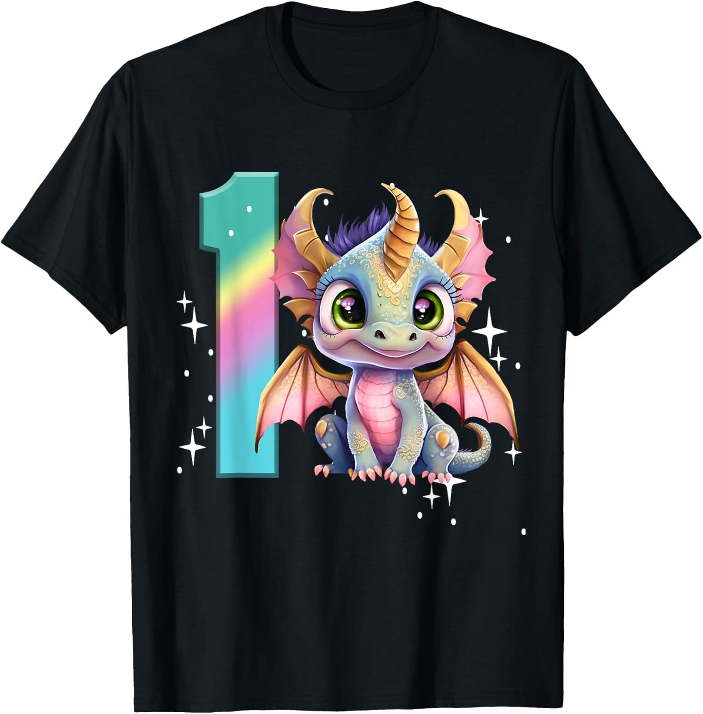 1st Birthday Shirt Dragon Party Baby Girl One First Rainbow T-Shirt - T-Shirt | Black