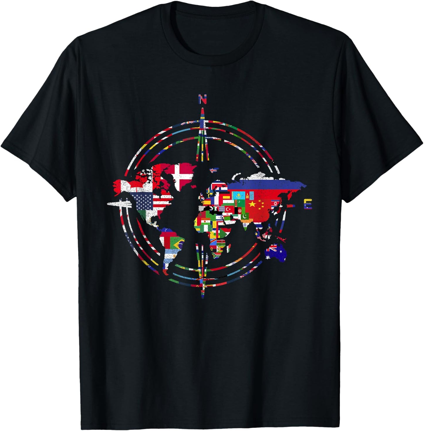 International Flags Compass World Travel World Map T-Shirt - T-Shirt | Black