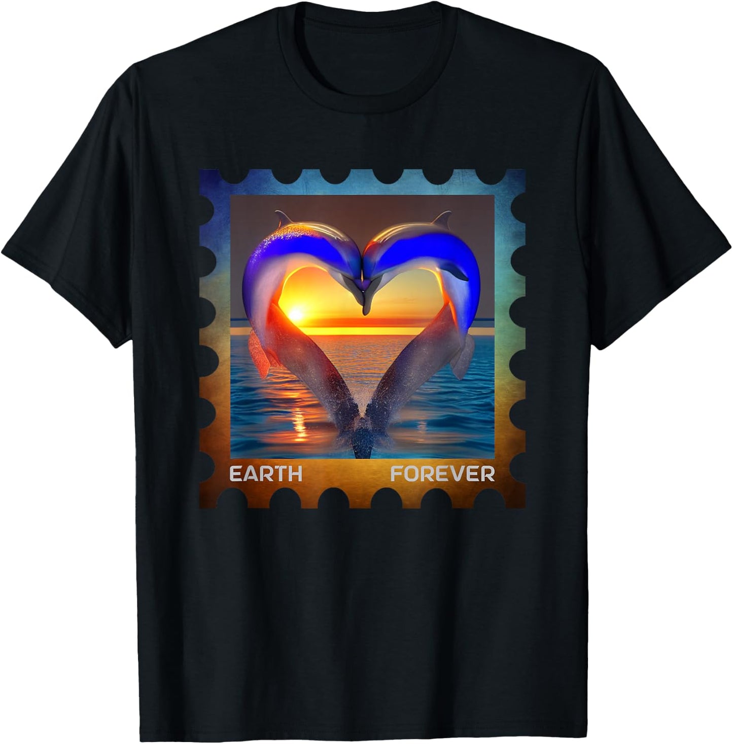 EARTH FOREVER Postage Stamp Ocean Sunset Heart Cute Dolphins T-Shirt - T-Shirt | Black