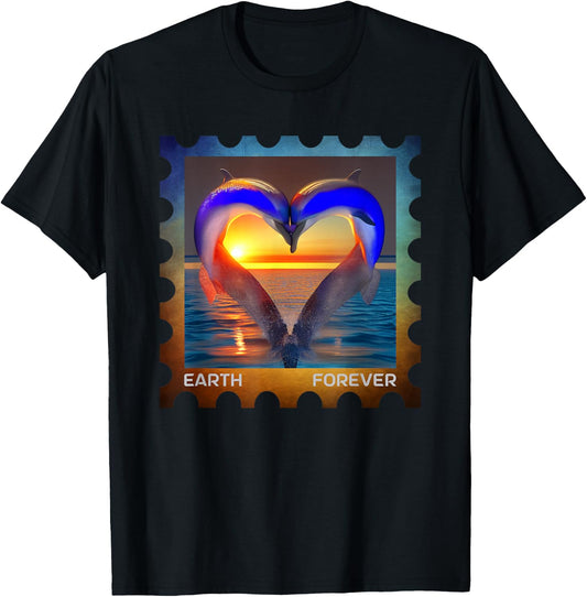EARTH FOREVER Postage Stamp Ocean Sunset Heart Cute Dolphins T-Shirt - T-Shirt | Black