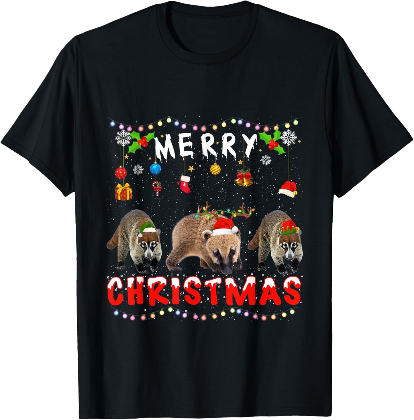 Merry Christmas Coati Xmas Funny Animals Pajama T-Shirt - T-Shirt | Black