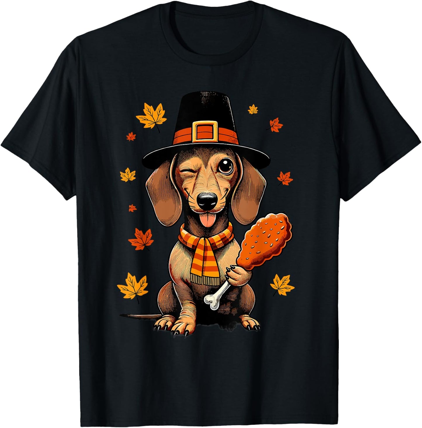 Dachshund Pilgrim Happy Thanksgiving Dog Men Women Girl Boy T-Shirt - T-Shirt | Black