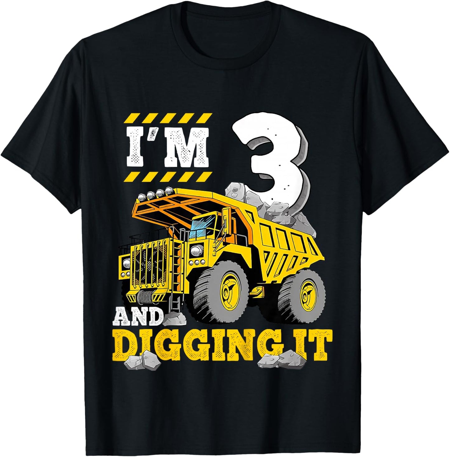 Kids Three 3rd Birthday Construction Truck 3yr Boy 3 Years Old T-Shirt - T-Shirt | Black