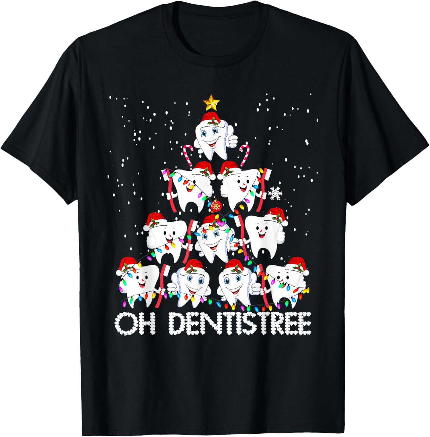 Oh Dentistree Toothbrush Teeth Xmas Lights Tree Christmas T-Shirt - T-Shirt | Black