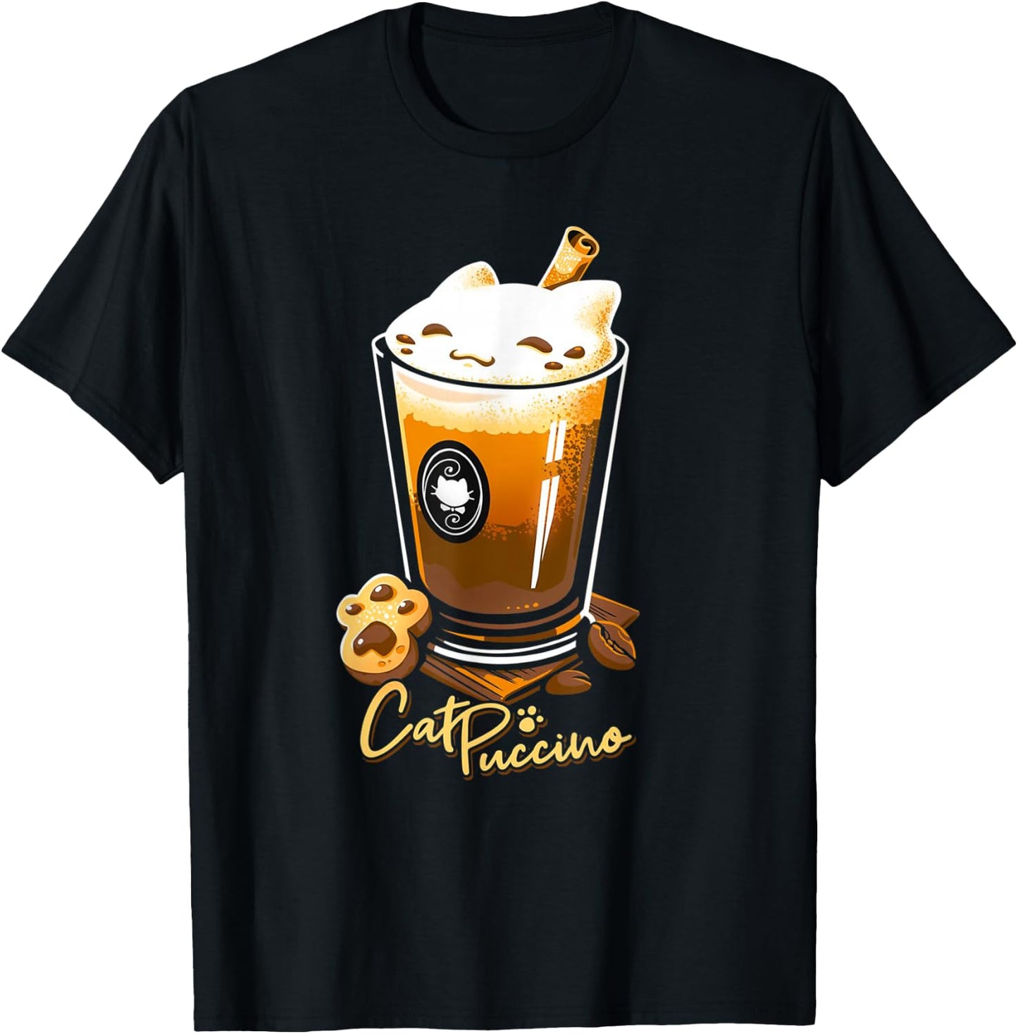 Retro Cat Boho Puccino Funny Coffee Cat Cute Cup T-Shirt - T-Shirt | Black