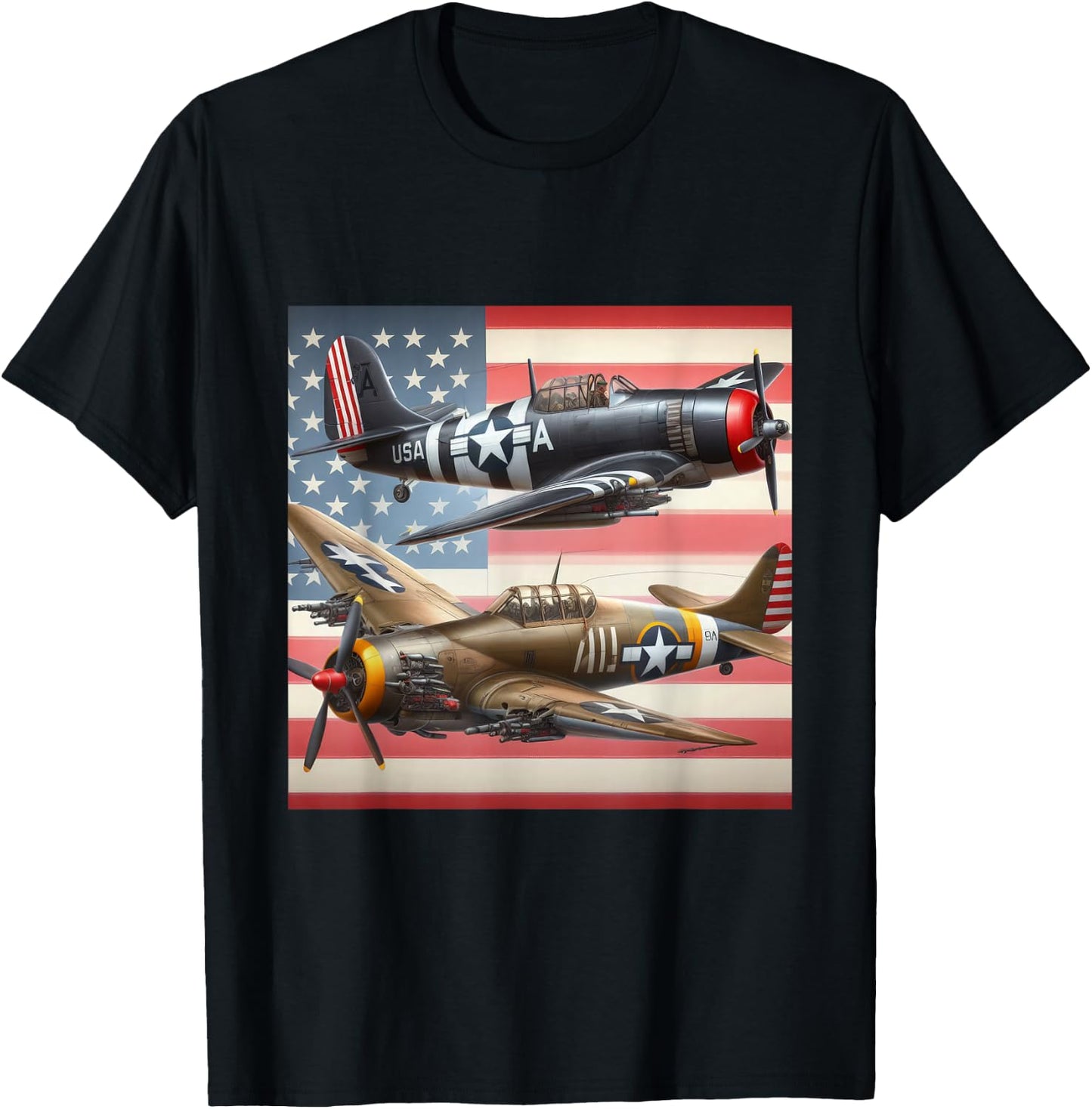 WW2 Airplanes American US Flag T-Shirt - T-Shirt | Black