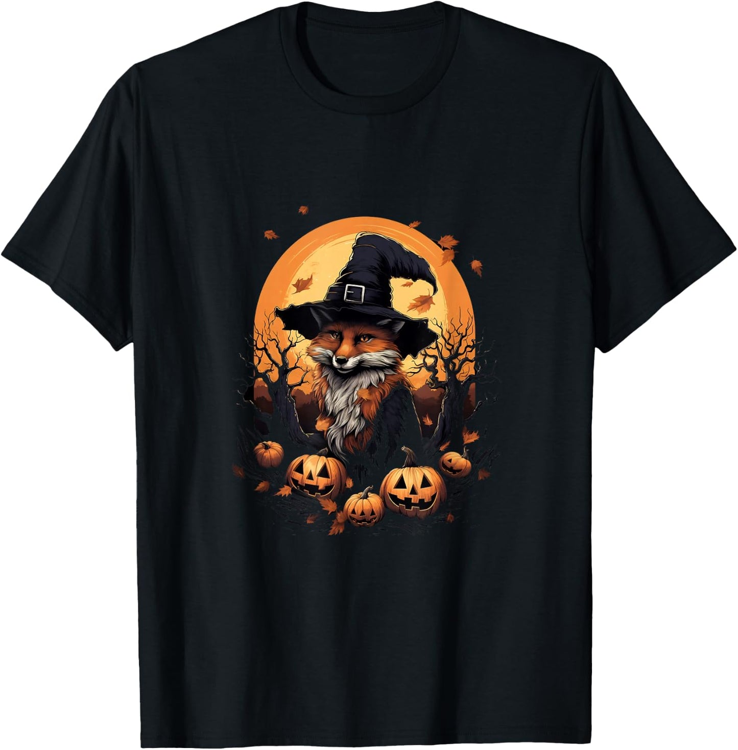 Fox Witch Hat Pumpkins Halloween Costume T-Shirt - T-Shirt | Black