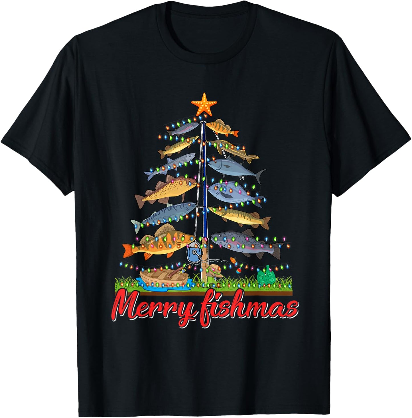 Merry Fishmas Funny Fisher Christmas Tree Fishing Pajama T-Shirt - T-Shirt | Black