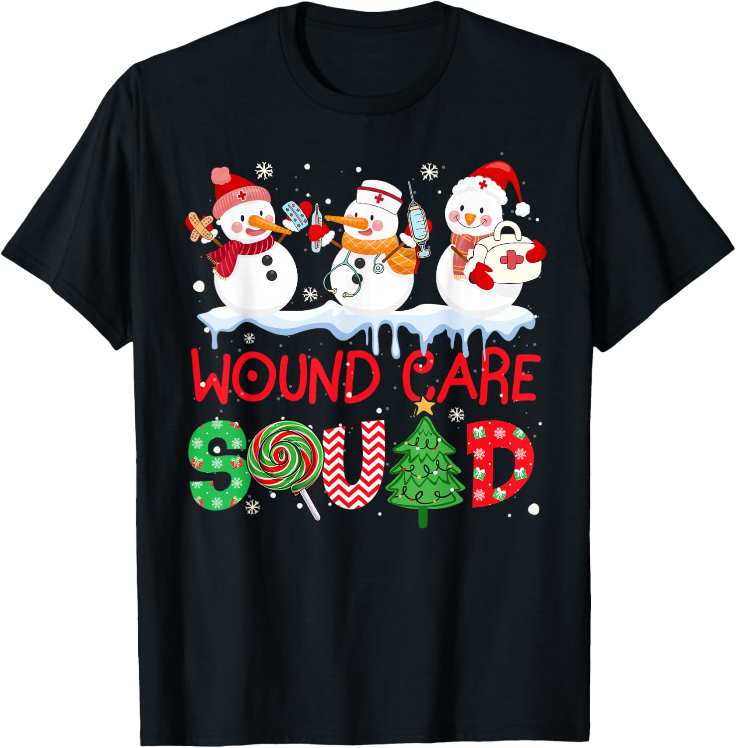 Snowman Wound Care Nurse Squad Christmas Holiday Matching T-Shirt - T-Shirt | Black