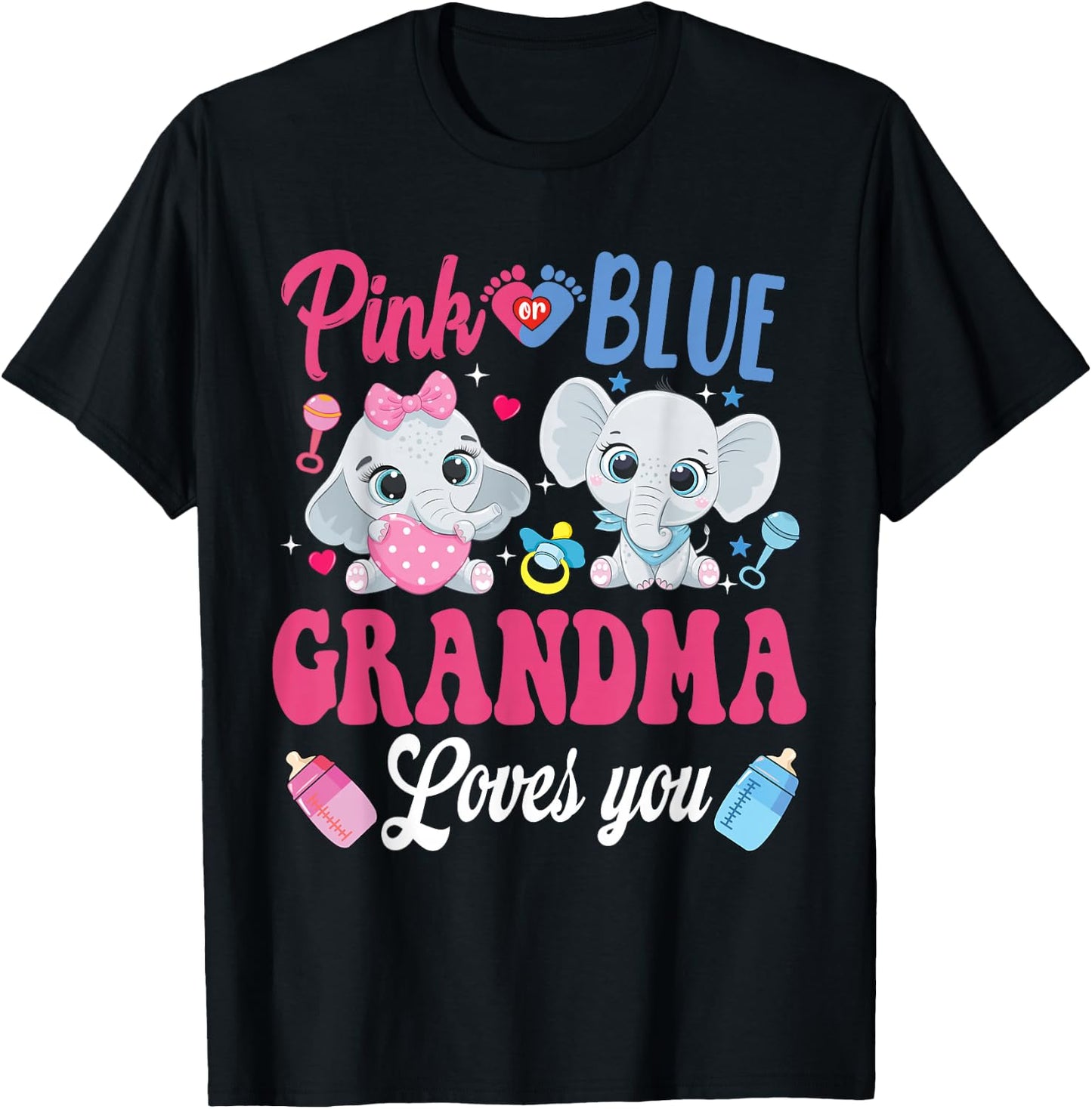 Pink Or Blue Grandma Loves Your shirt Elephant Gender Reveal T-Shirt - T-Shirt | Black