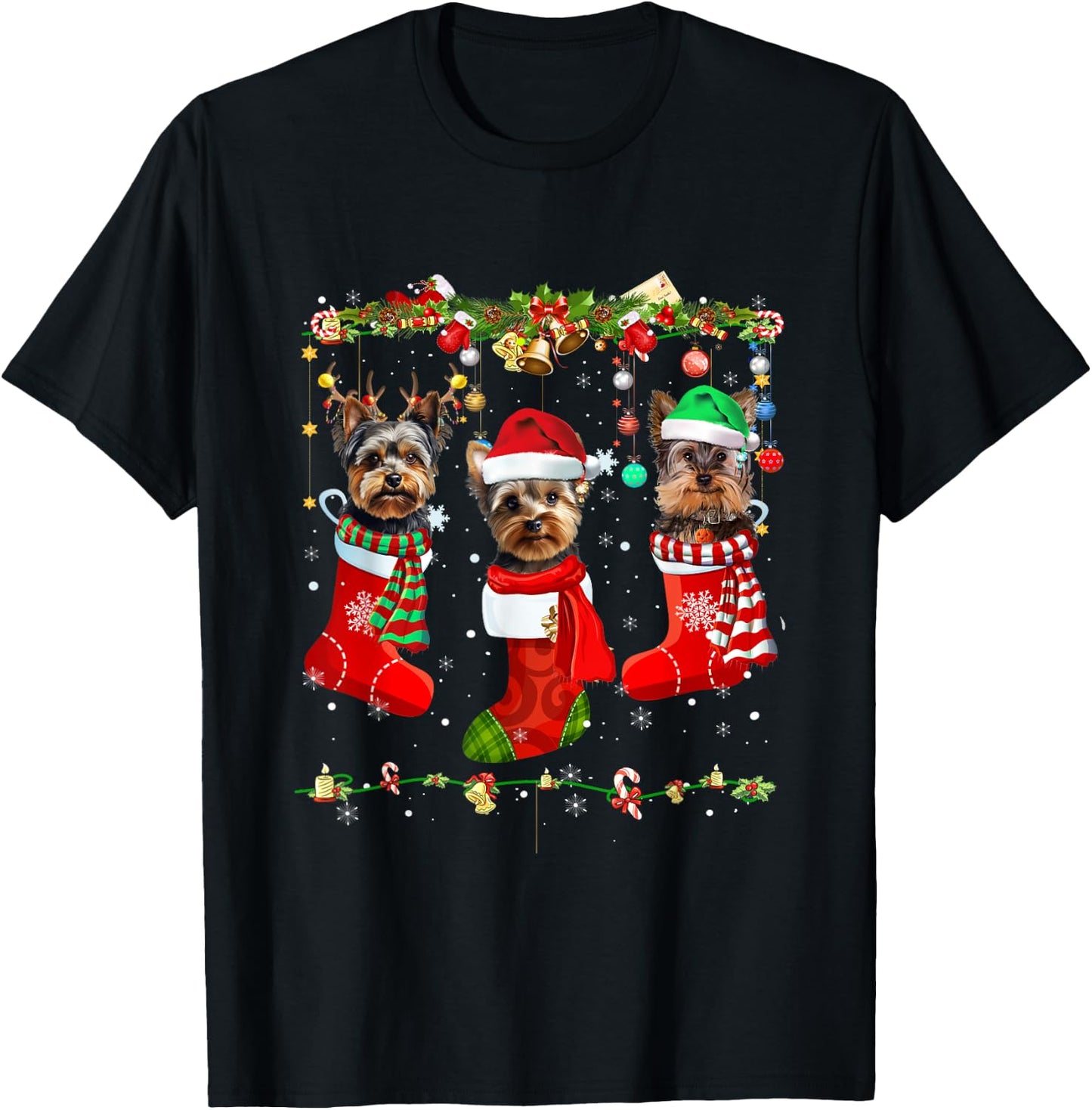 Yorkie Christmas Shirt Stocking Dog Lover Xmas Men Women Kids T-Shirt - T-Shirt | Black