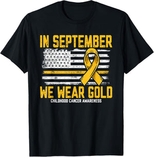 In September we Wear Gold Us Flag Childhood Cancer Awareness T-Shirt - T-Shirt | Black