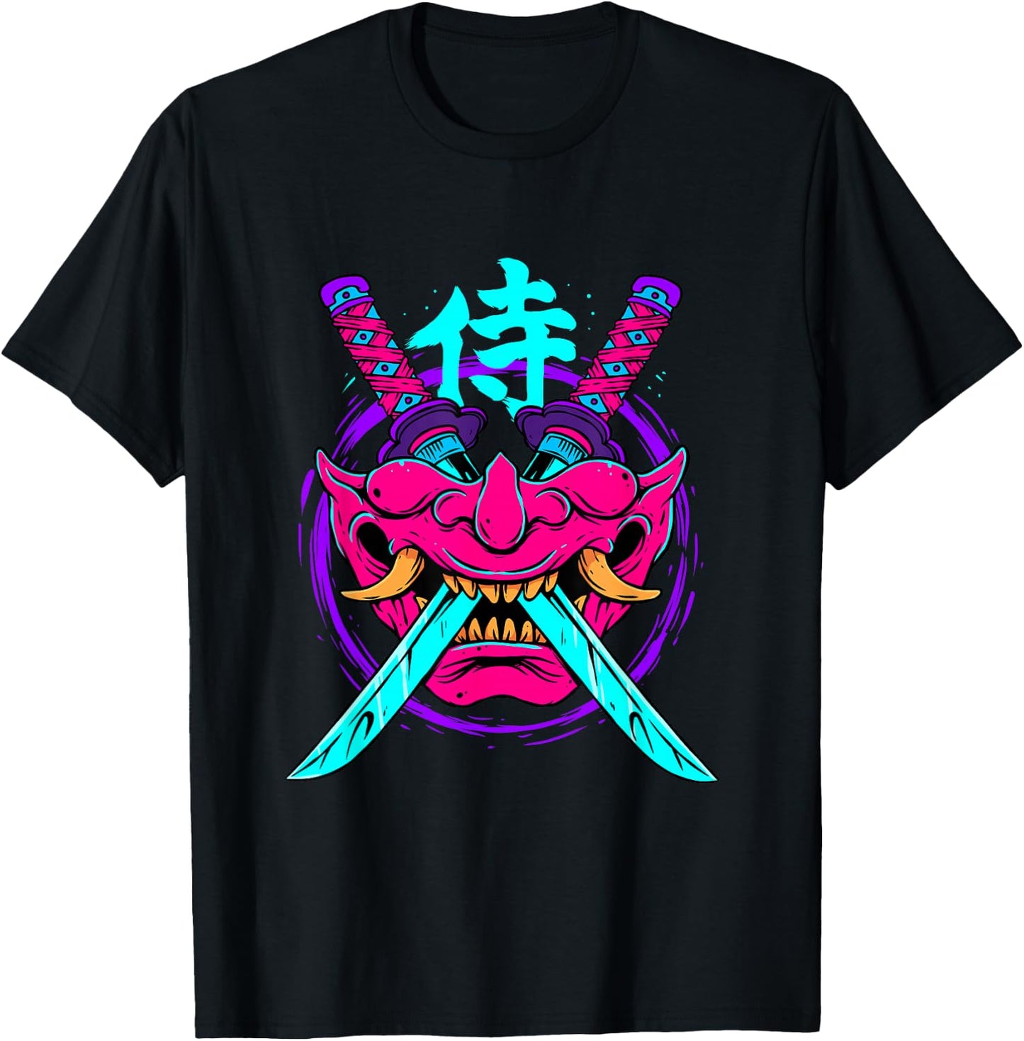 Vaporwave Aesthetic Japanese Samurai Mask Oni Kanji Bushido T-Shirt - T-Shirt | Black