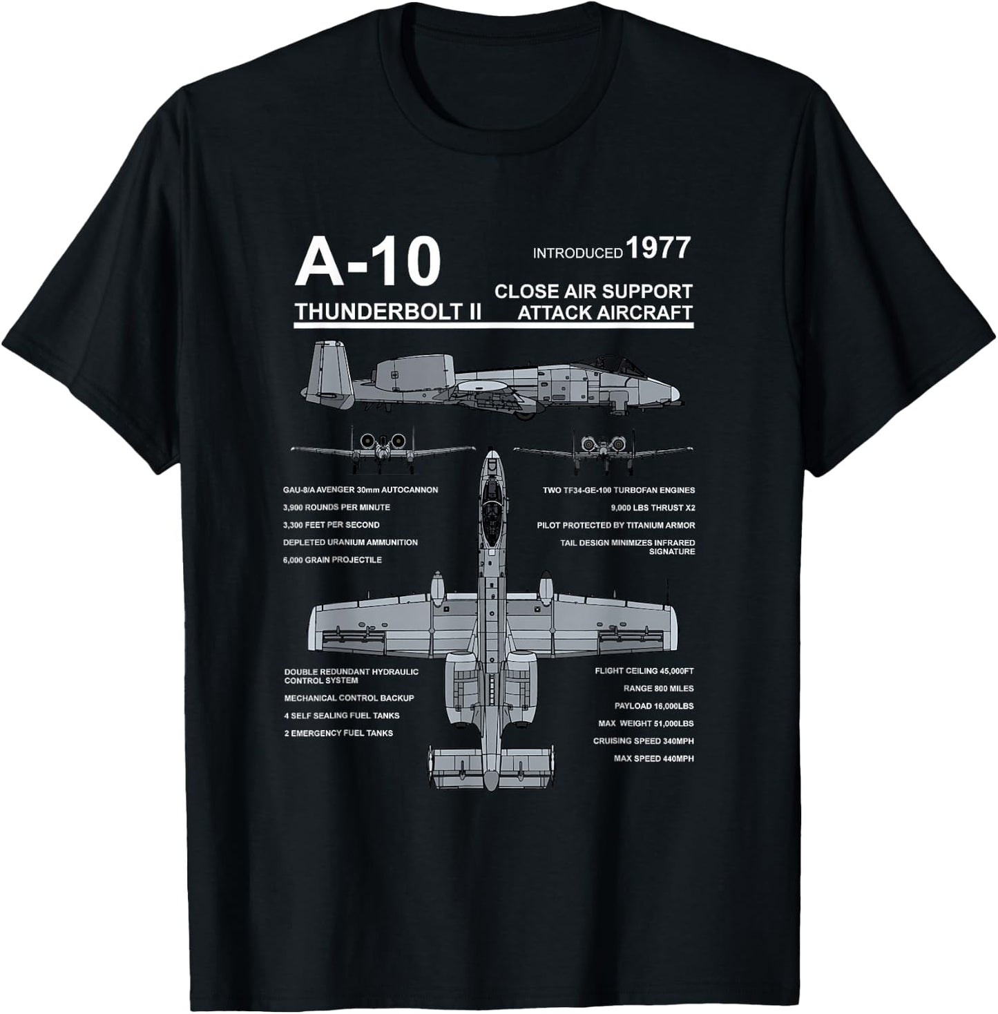 A-10 Thunderbolt II Warthog Military Jet Spec Diagram T-Shirt - T-Shirt | Black
