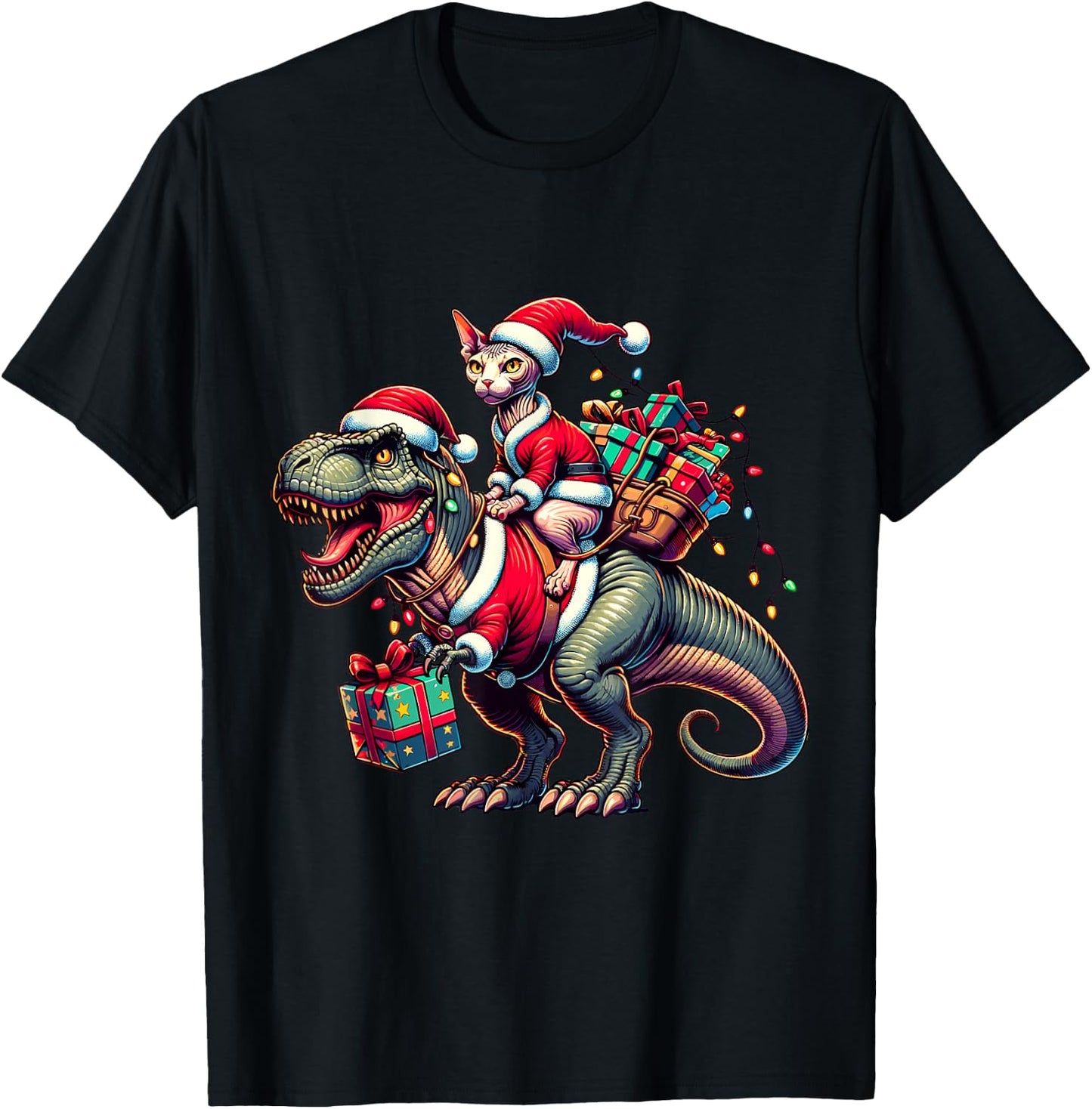 Adorable Sphynx Cat Rides Christmas T-Rex Santa for Sphynx T-Shirt - T-Shirt | Black