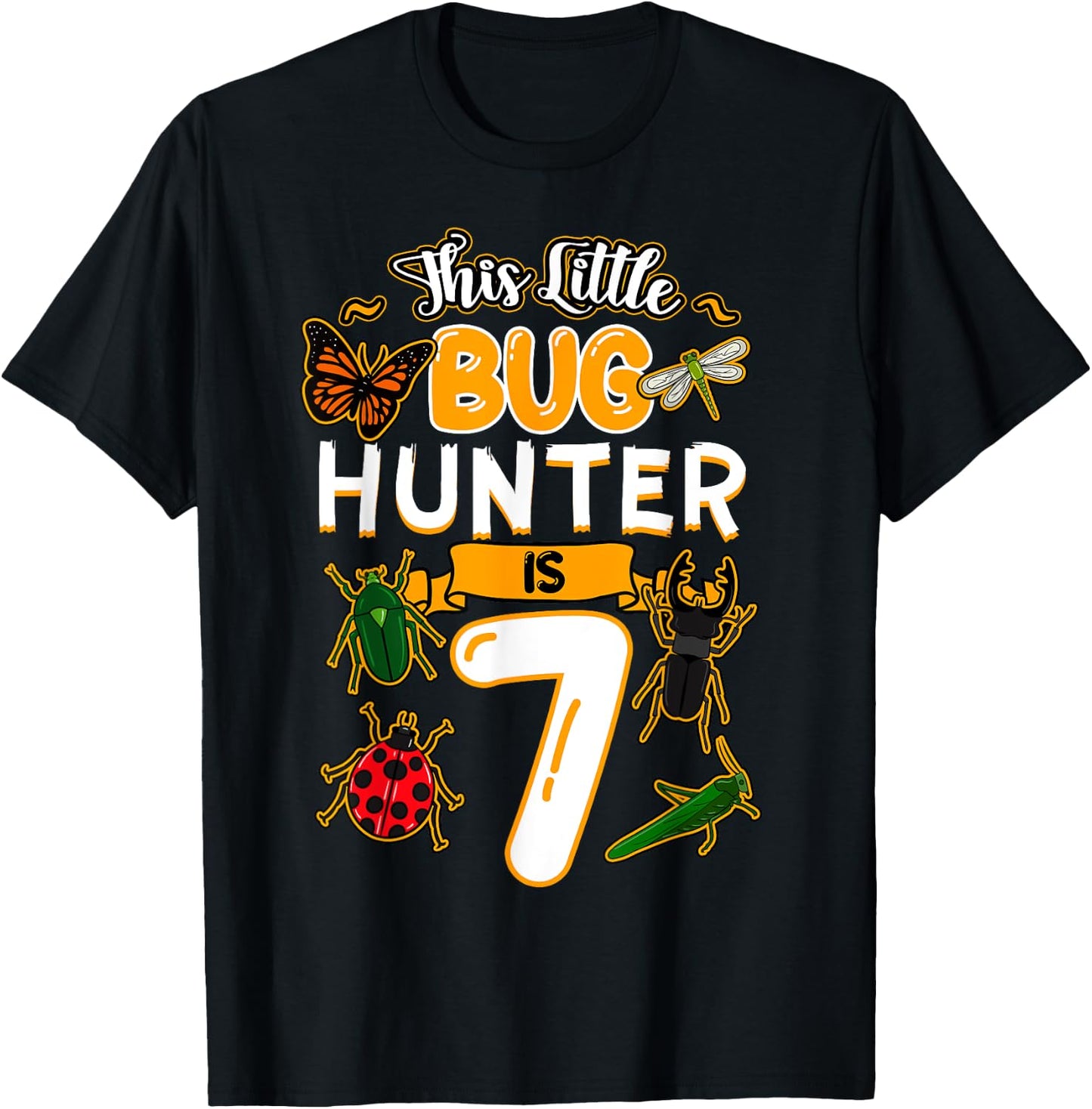 This Little Bug Hunter Is 7 Birthday Insect Bday Party T-Shirt - T-Shirt | Black