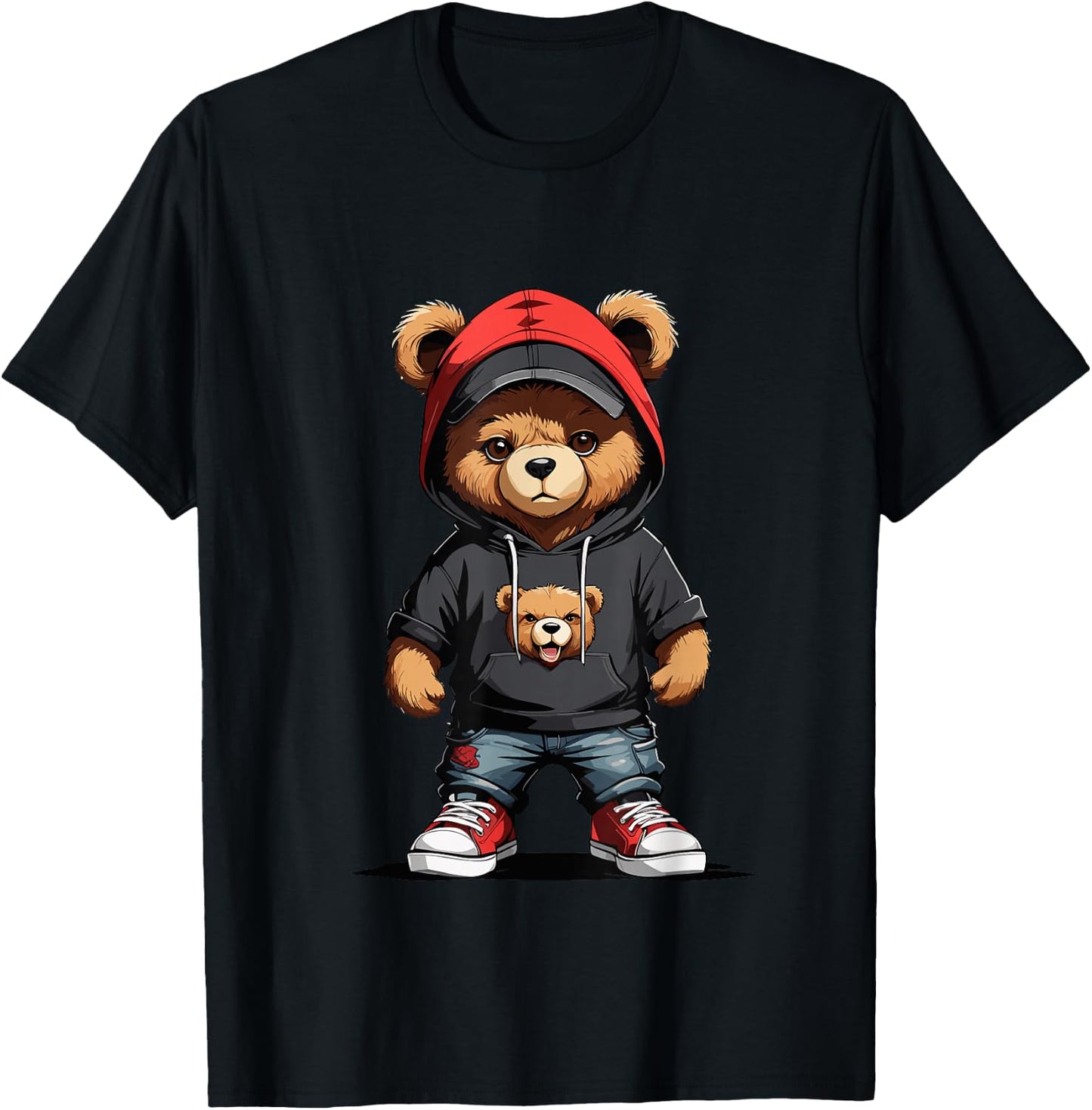 Teddy Bear Red Cap Gangster in Hip Hop Street Clothes T-Shirt - T-Shirt | Black