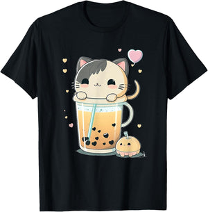 Cat Boba Tea Kawaii Kitty Bubble Tea Anime T-Shirt - T-Shirt | Black