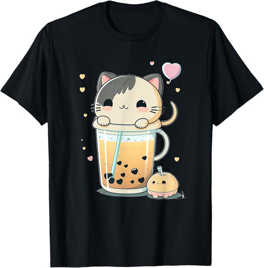 Cat Boba Tea Kawaii Kitty Bubble Tea Anime T-Shirt - T-Shirt | Black