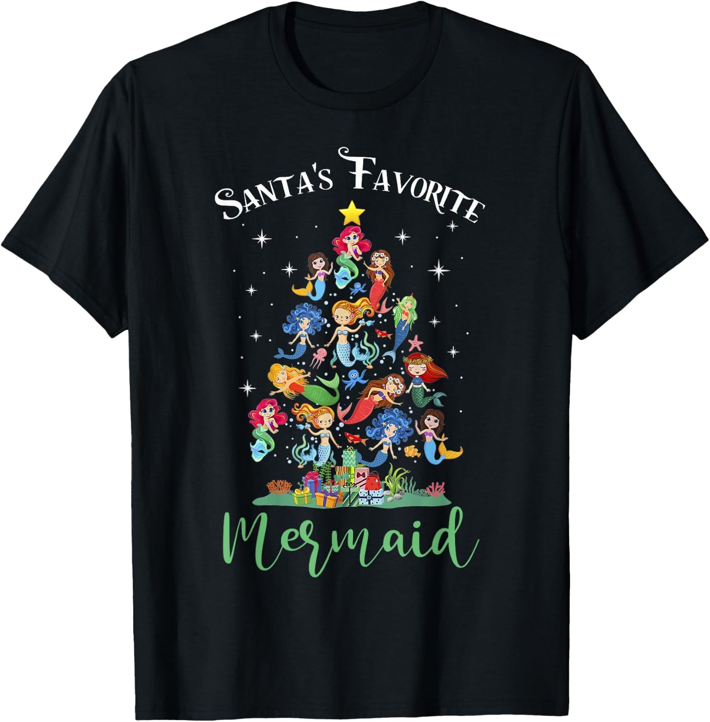 Santa's Favorite Mermaid Christmas Tree Matching Women Kids T-Shirt - T-Shirt | Black