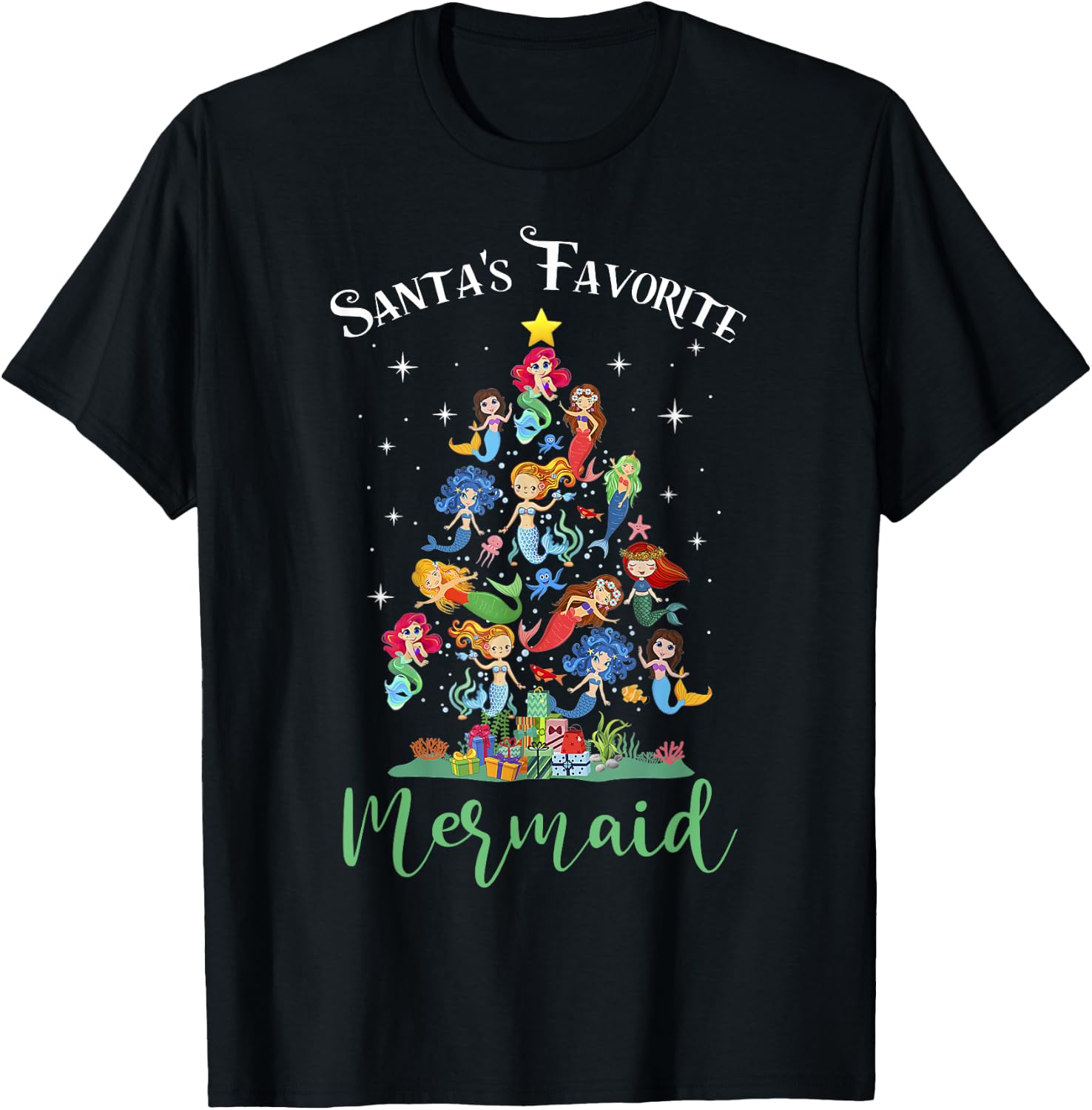 Santa's Favorite Mermaid Christmas Tree Matching Women Kids T-Shirt - T-Shirt | Black