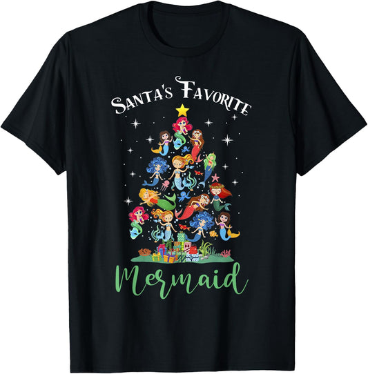 Santa's Favorite Mermaid Christmas Tree Matching Women Kids T-Shirt - T-Shirt | Black