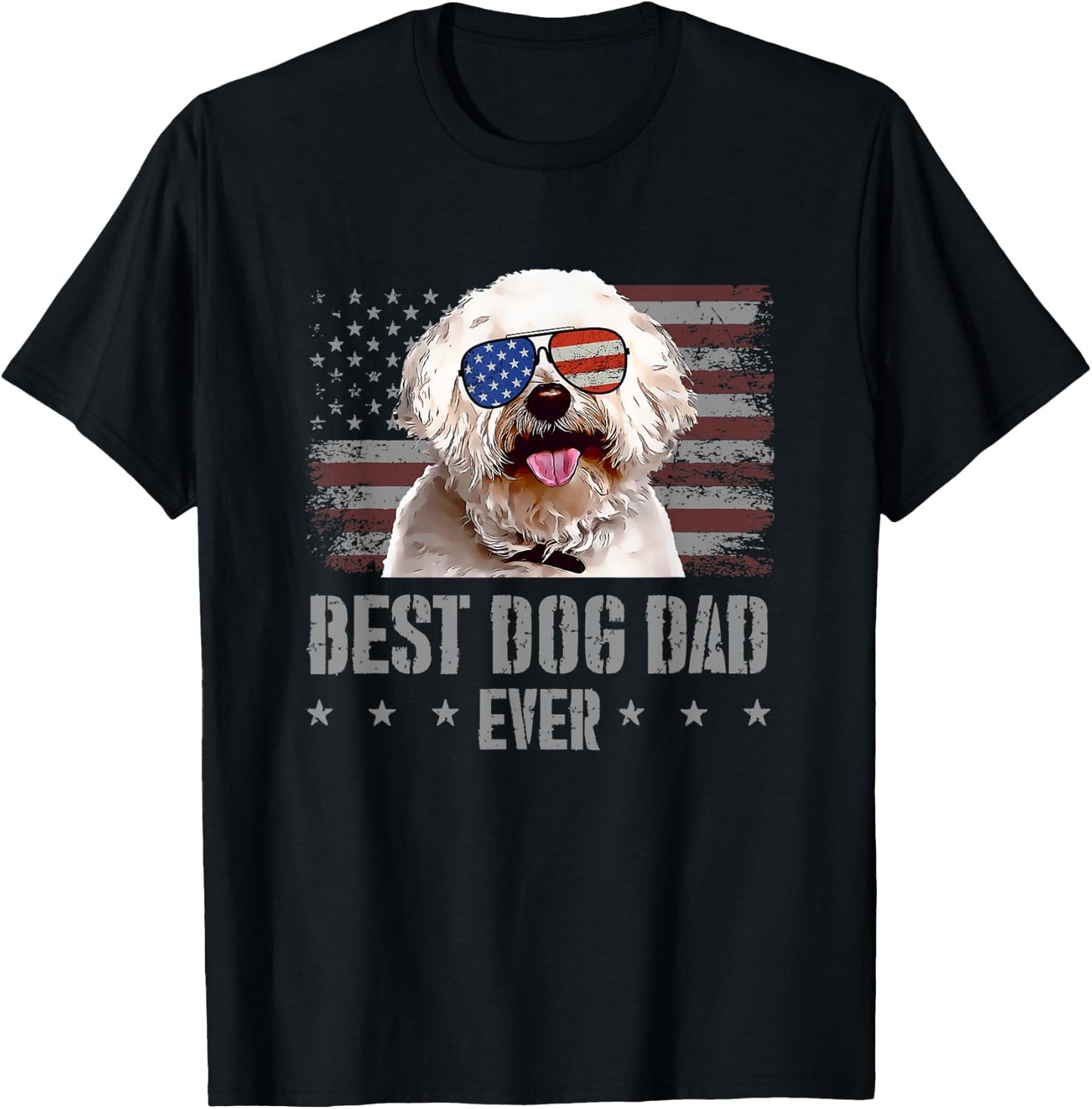Bichons Frise Best Dog Dad Ever Retro USA American Flag T-Shirt - T-Shirt | Black
