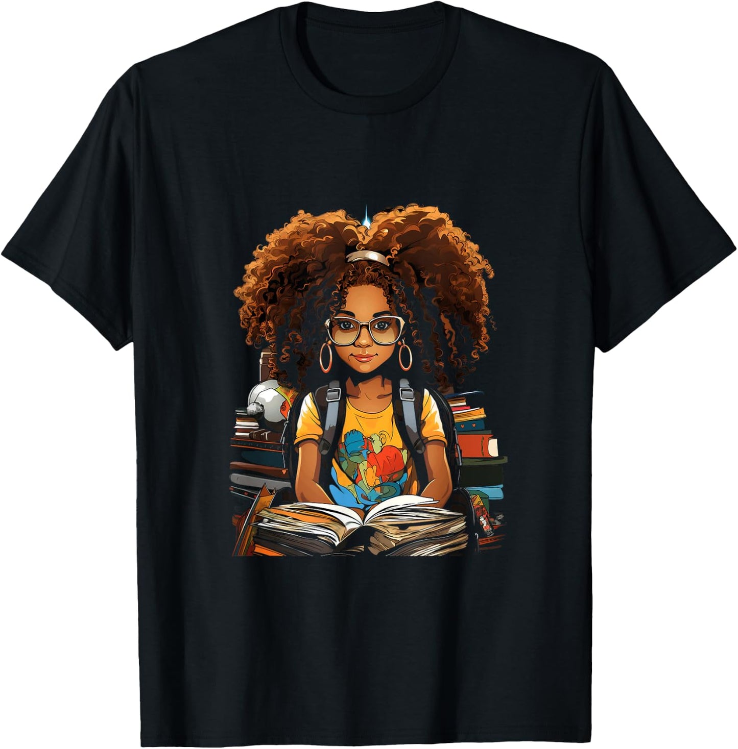 Back to School Afro African American Children Girls Book Reading T-Shirt - T-Shirt | Black