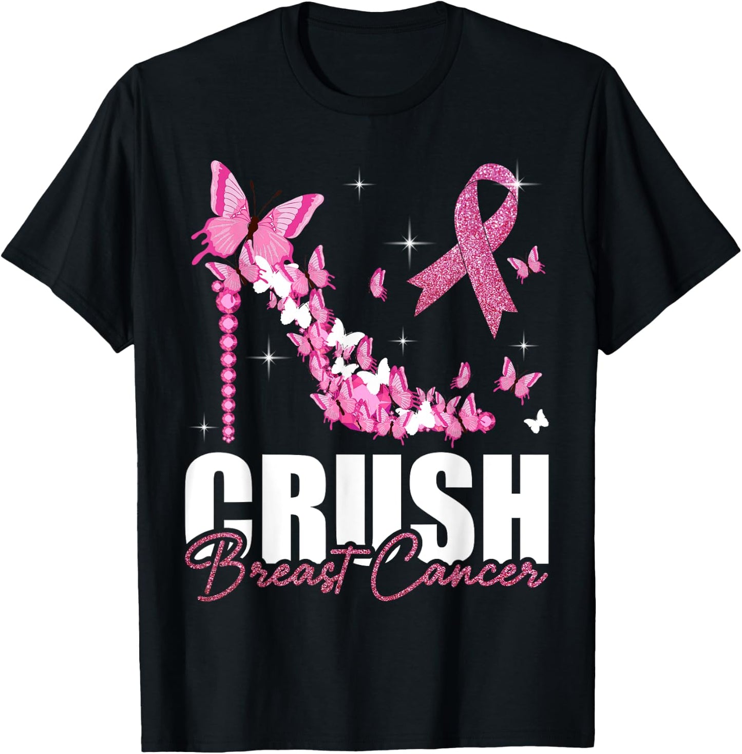 Crush Breast Cancer Ribbon Butterfly Breast Cancer Awareness T-Shirt - T-Shirt | Black