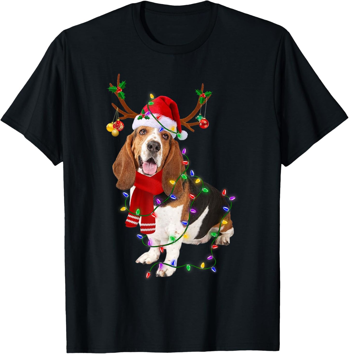 Funny Basset Hound Dog Tree Christmas Lights Xmas Pajama Men Women Kids T-Shirt - T-Shirt | Black
