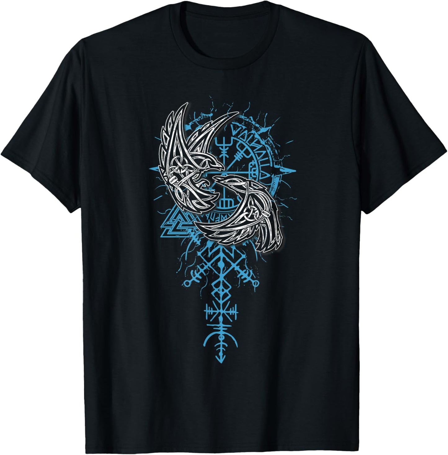 Valhalla Raven Ravens Odin's Runes Norse Compass Viking T-Shirt - T-Shirt | Black