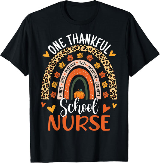 One Thankful School Nurse Thanksgiving Rainbow Leopard Nurse T-Shirt - T-Shirt | Black