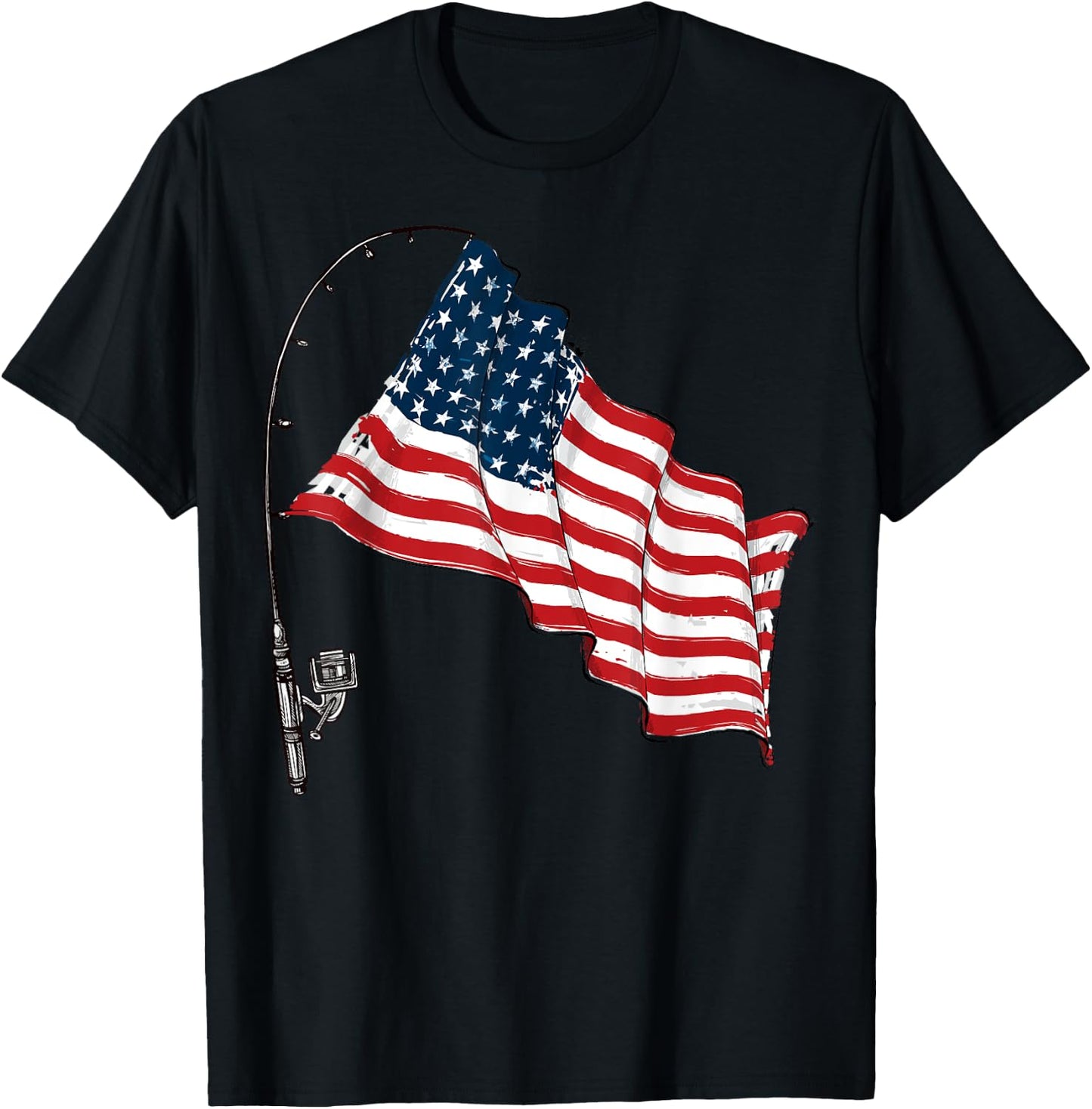 Vintage American Flag Fishing Rod Fishing Lover Fisherman T-Shirt - T-Shirt | Black