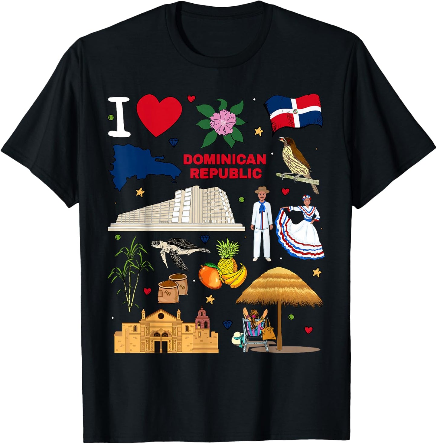 I Love Dominican Republic. Hand Drawn Landmarks, Flag, map T-Shirt - T-Shirt | Black