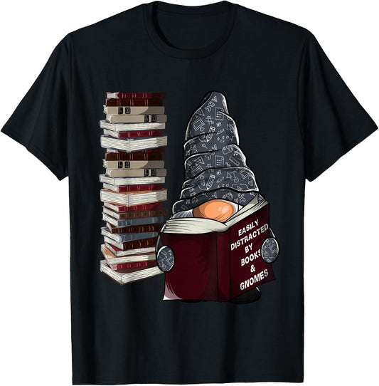 Easily Distracted by Books & Gnomes, Garden gnome Book Lover Small T-Shirt - T-Shirt | Black
