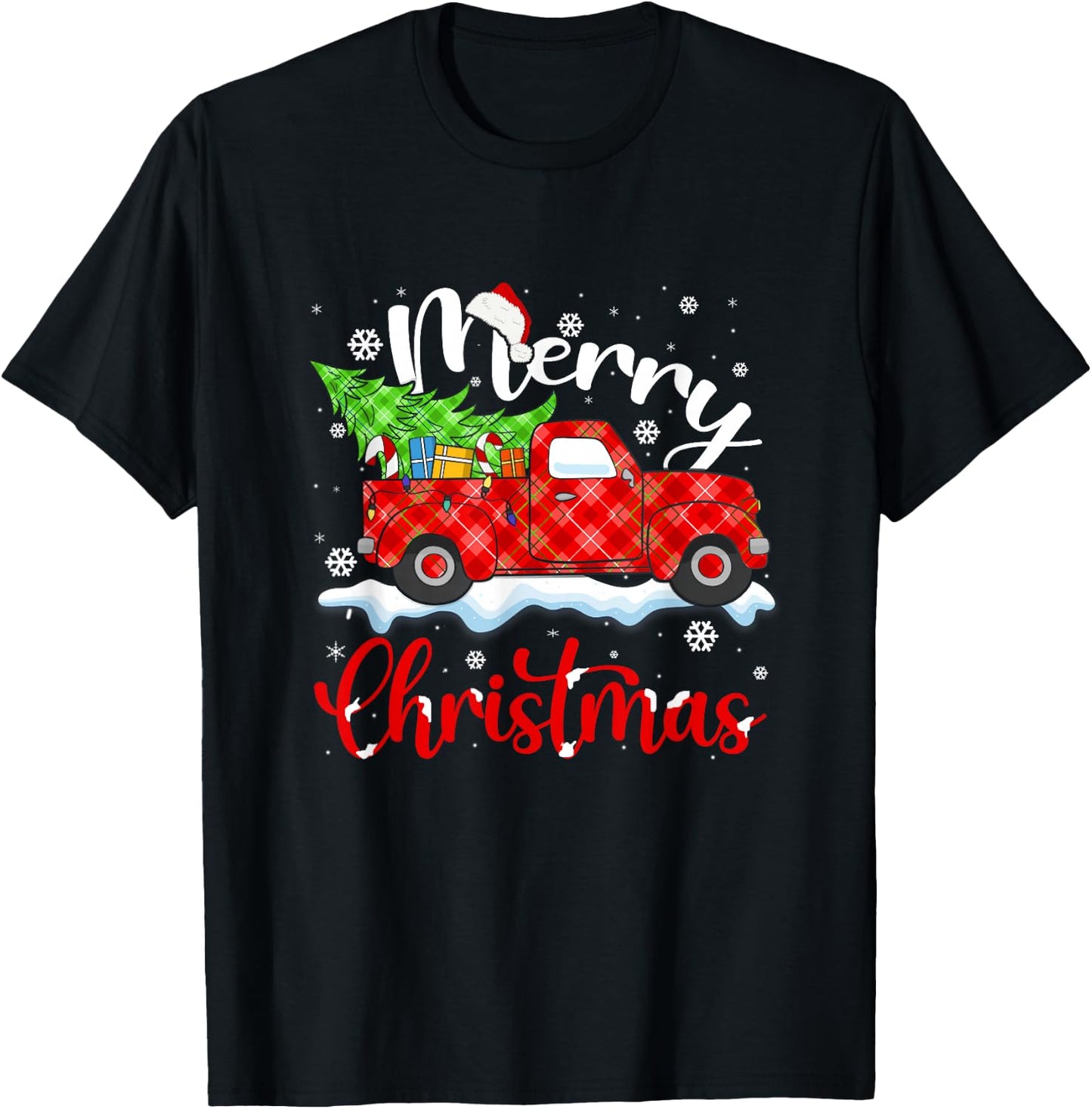 Merry Christmas Buffalo Truck Tree Red Plaid Family Matching T-Shirt - T-Shirt | Black