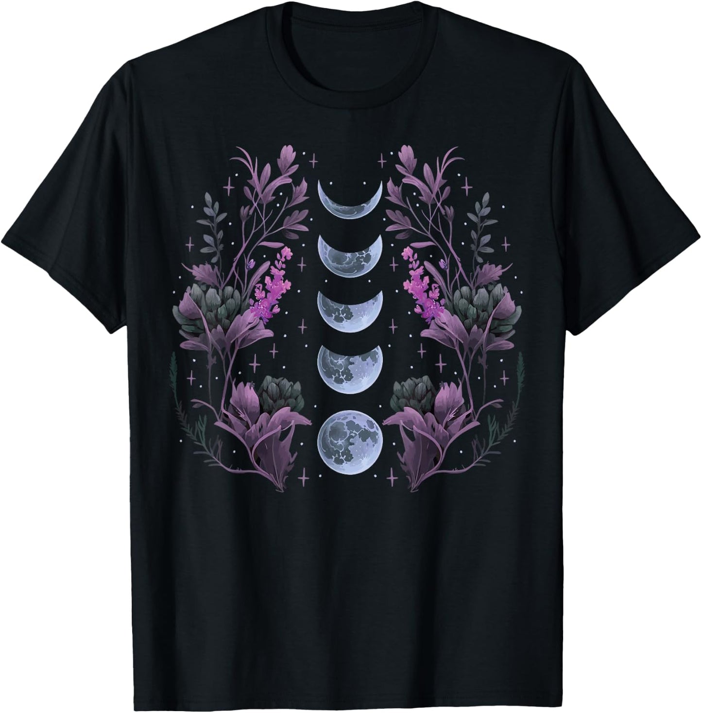 Celestial Moon Phase BOHO Wildflowers Zodiac Witchcore T-Shirt - T-Shirt | Black