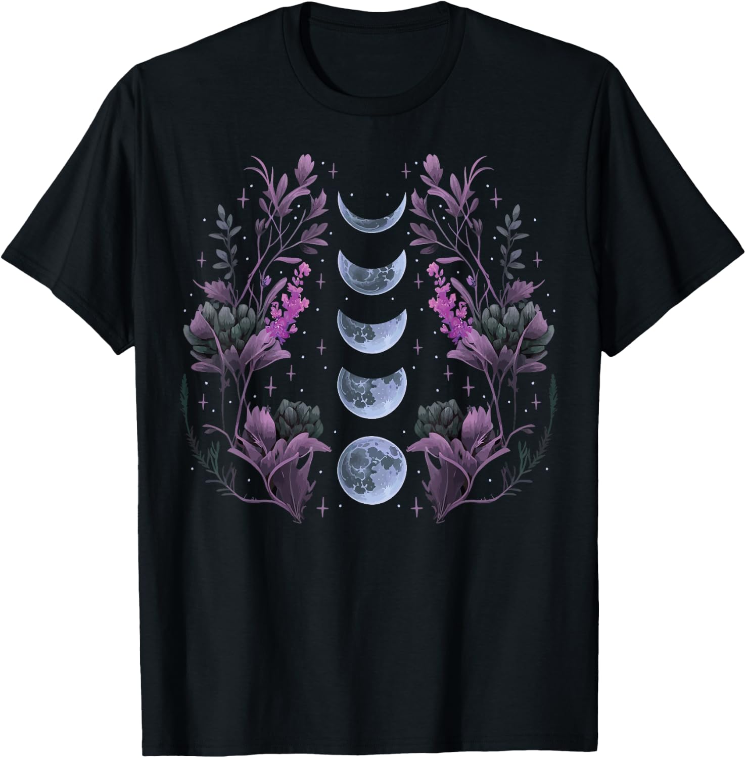 Celestial Moon Phase BOHO Wildflowers Zodiac Witchcore T-Shirt - T-Shirt | Black