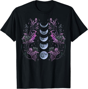 Celestial Moon Phase BOHO Wildflowers Zodiac Witchcore T-Shirt - T-Shirt | Black