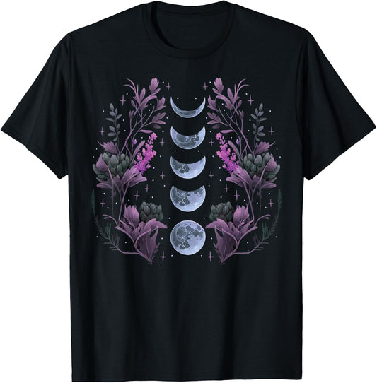 Celestial Moon Phase BOHO Wildflowers Zodiac Witchcore T-Shirt - T-Shirt | Black