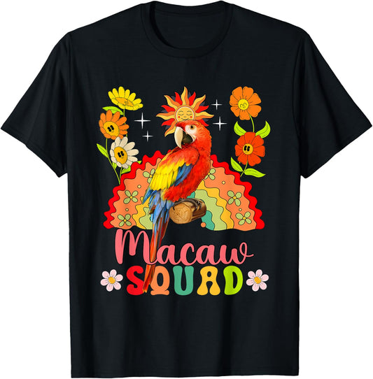 Macaw Squad Flowers Macaw Cute Rainbow Bird Lover Kids T-Shirt - T-Shirt | Black