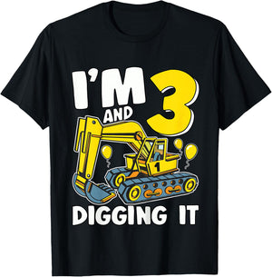 I'm 3 And Digging It 3 Years Boys 3rd Birthday Excavator T-Shirt - T-Shirt | Black