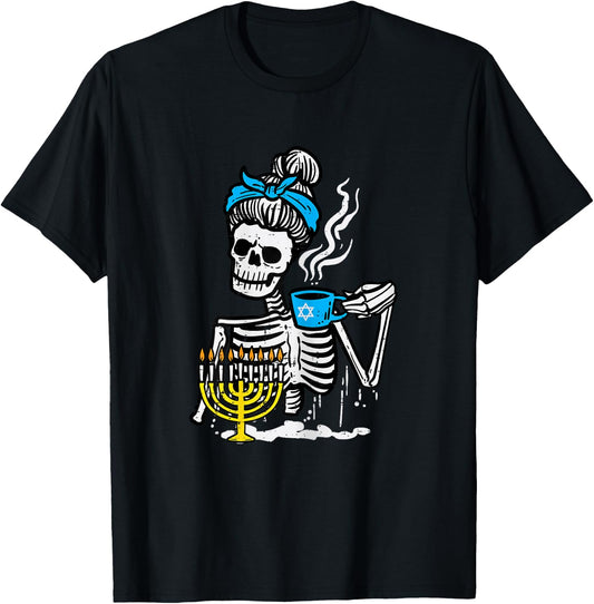 Hanukkah Skeleton Messy Bun Coffee Chanukah Women Girls Kids T-Shirt - T-Shirt | Black