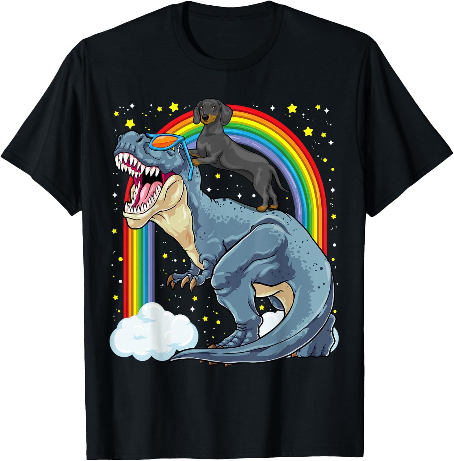 Dachshund Riding Dinosaur T-Rex Dog Rainbow Dino Funny T-Shirt - T-Shirt | Black